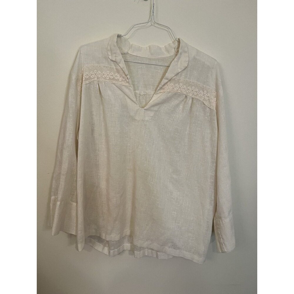 Vintage‎ gauzy Cream Peasant Top w/ Lace Details Flowy Sleeves **Has staining**